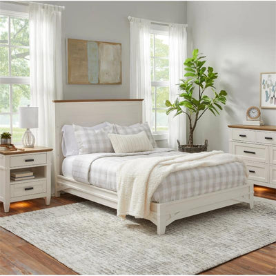 Parker House Artisan Full Bed Platform Bed Conversion Kit in a bright bedroom featuring a cozy bed with gray plaid bedding, a textured white throw, and modern nightstand and dresser.