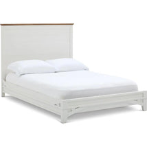 Platform bed conversion kit featuring a white wooden frame and a contrasting natural wood headboard.