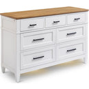 7-drawer dresser in white with a natural wood top, featuring sleek black handles and a modern design.