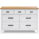 White 7-drawer dresser with a wooden top and dark handles, designed for storage and style.