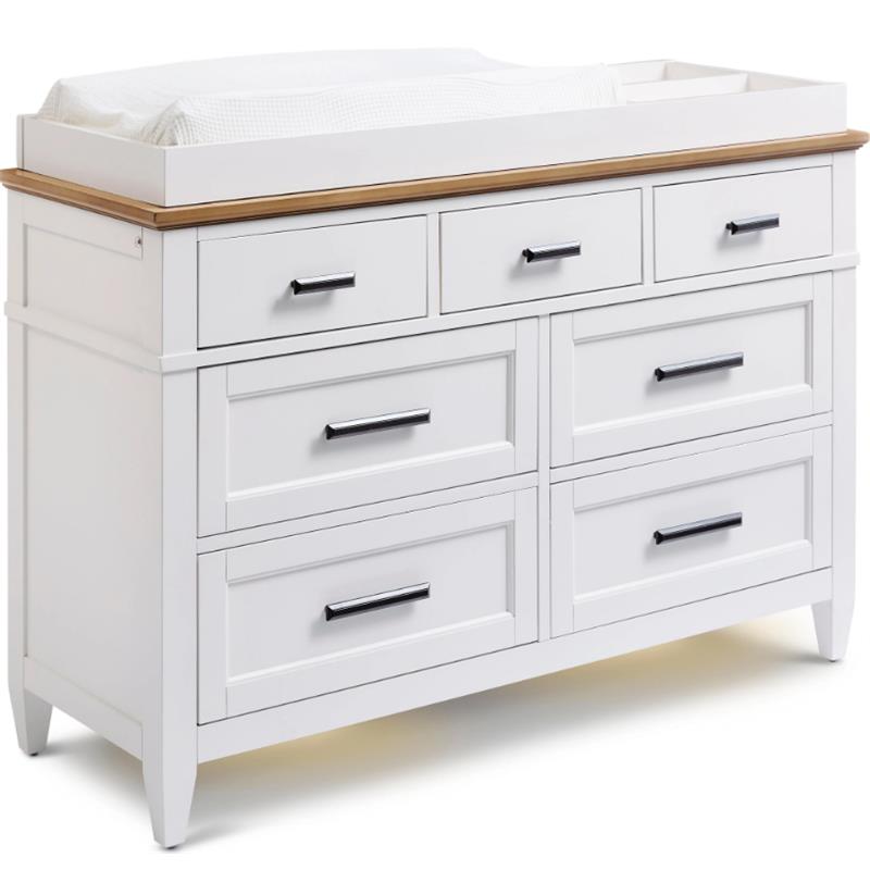 Artisian 7-drawer dresser with a white finish, wooden top, and silver handles, designed for storage and style.