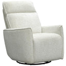 Parker House Roxy Power Recliner in textured light fabric with a tilted headrest and a circular base.