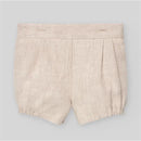 Woven cream shorts for baby boys, featuring pleats and elasticized cuffs, part of the Paz Rodriguez newborn set.