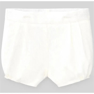 Cream-colored woven shorts for baby boys, featuring pleats and elastic waistband, suitable for newborns.