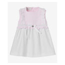 Baby girl dress set featuring a pink knitted top and white skirt, adorned with lace and ribbon details.