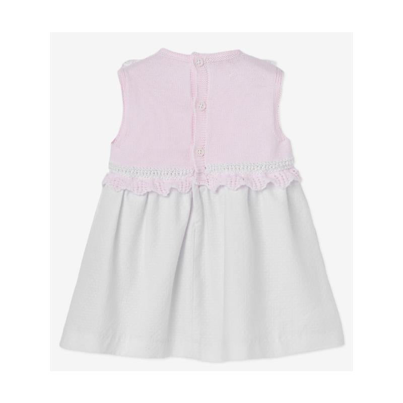 Baby girl dress set featuring a pink knitted bodice with white ruffled hem, buttons at the back, and soft fabric.