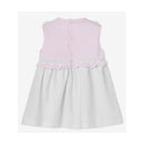Baby girl dress set featuring a pink knitted bodice with white ruffled hem, buttons at the back, and soft fabric.