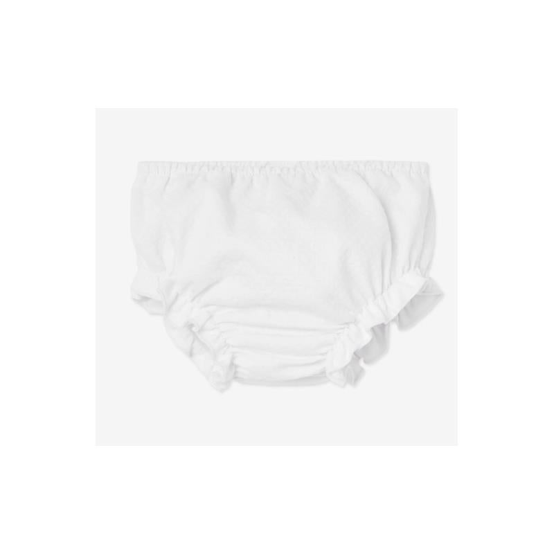 White bloomer with ruffled edges, part of the Paz Rodriguez Baby Girl Set Dress & Bloomer Alaia, Chalk Pink/White.