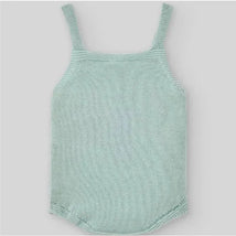 Baby knit bodysuit in cream and beige colors with thin straps, designed for newborns. Soft, textured knit fabric.