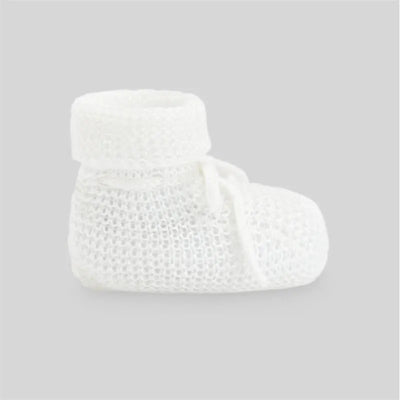 Deep blue newborn booties with a knitted design, featuring a cuffed top and adjustable laces for comfort.