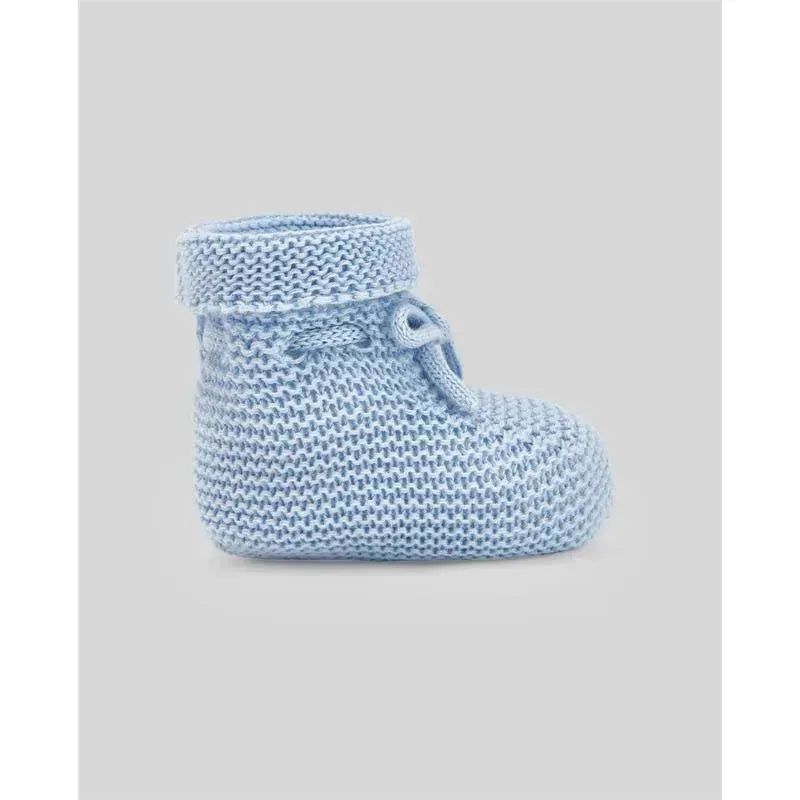 Knit newborn booties in sky blue, featuring a soft texture, cuffed design, and lace detailing for secure fit.