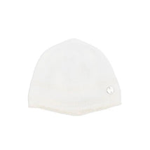 Cream and beige knitted newborn hat with a folded brim and a decorative silver button detail.