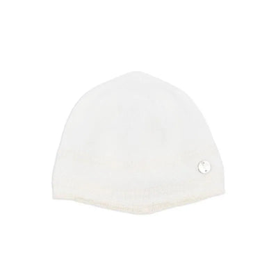 Cream and beige knitted newborn hat with a folded brim and a decorative silver button detail.