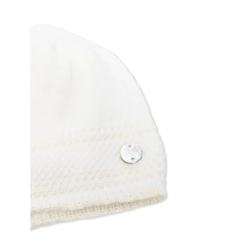 Cream and beige baby knit newborn hat by Paz Rodriguez, featuring a silver logo tag on the side.