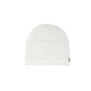Cream knit newborn hat with decorative texture and a small logo tag, designed for infants.