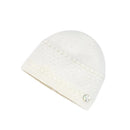 Cream-colored knit hat for newborns, featuring a decorative button and textured stitching details.
