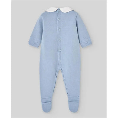 Baby knitted romper in light blue with a white collar, featuring long sleeves and button-down back.