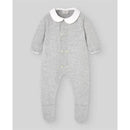Grey pearl baby knitted romper with a white collar, buttoned front, and footed design by Paz Rodriguez.