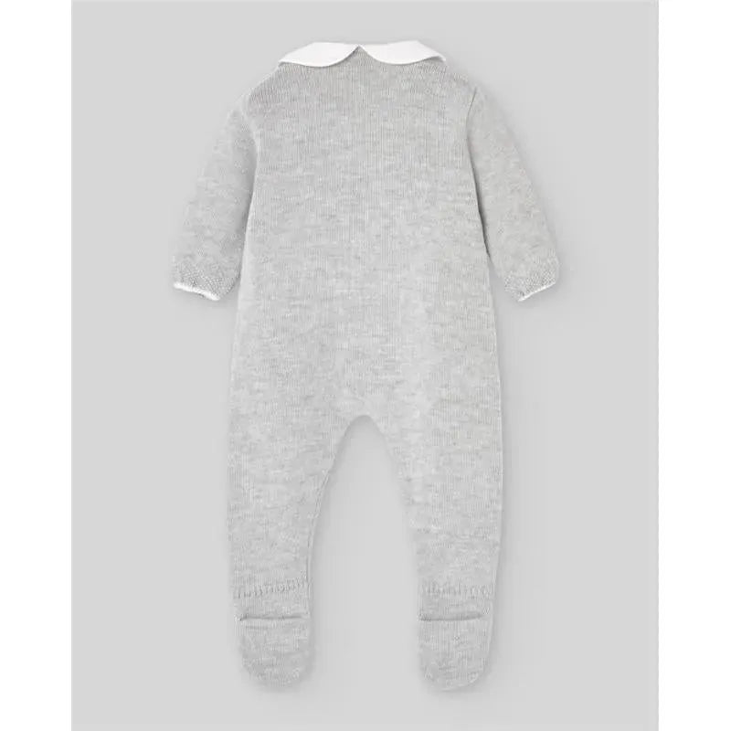 Grey pearl knitted newborn romper with long sleeves and a white collar, designed for infants.