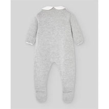 Grey pearl knitted newborn romper with long sleeves and a white collar, designed for infants.