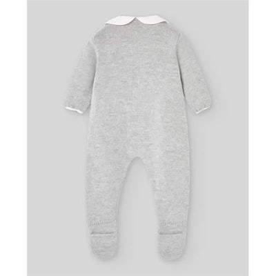 Grey pearl knitted newborn romper with long sleeves and a white collar, designed for infants.