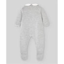Grey pearl knitted newborn romper with long sleeves and a white collar, designed for infants.