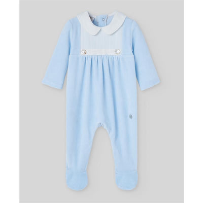 Baby knit romper in chalk blue with long sleeves, a white collar, and decorative buttons. Perfect for newborns.