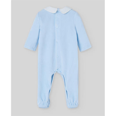 Baby knit romper in chalk blue with long sleeves and a white collar, suitable for newborns.
