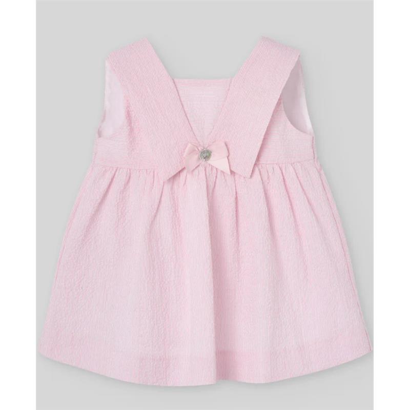 Candy pink dress with wide straps and a bow detail at the waist, part of the Paz Rodriguez Baby Set.