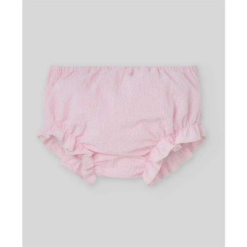 Candy-striped bloomer in chalk pink with ruffled edges, part of the Paz Rodriguez Baby Set Dress.