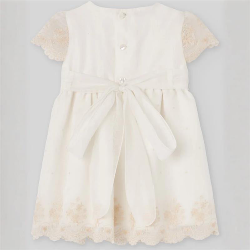 Cream-colored baby dress featuring short lace sleeves, a ribbon tie at the waist, and floral embroidery at the hem.