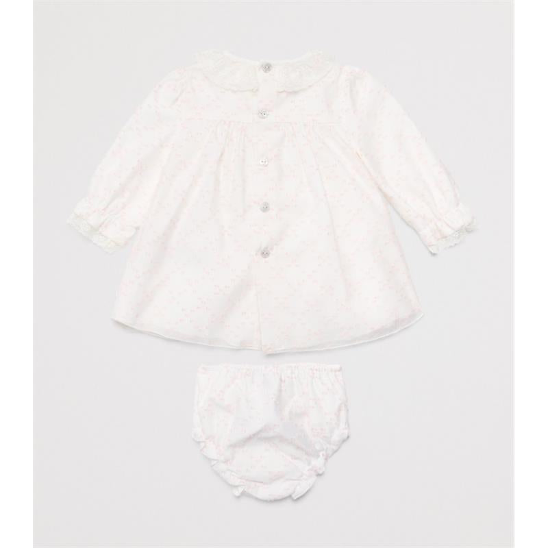Light pink woven newborn dress with long sleeves and buttons, accompanied by matching bloomers.