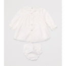 Light pink woven newborn dress with long sleeves and buttons, accompanied by matching bloomers.
