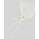 White knitted baby bonnet with lace trim, a small bow, and ribbons for tying under the chin.