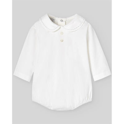 Knit newborn body in cream with a round collar, two buttons, and long sleeves, designed for infants.