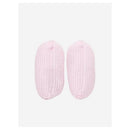 Knit newborn booties in soft pink, featuring a ribbed texture and rounded design, perfect for infants.