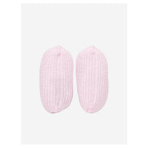Light blue knitted newborn booties, featuring a soft texture and simple design, ideal for infants.