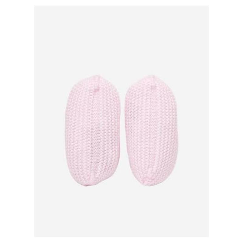 Light pink knitted newborn booties by Paz Rodriguez, featuring a soft texture and a snug fit.