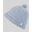 Knit newborn hat in chalk blue, featuring a textured design and a fluffy pom-pom on top, with a decorative button on the side.