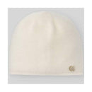 Cream knitted newborn hat with a ribbed edge and small gold logo detail. Suitable for infants.