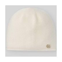 Knit newborn hat in cream color featuring a small gold logo, designed for infants. Soft and comfortable material.