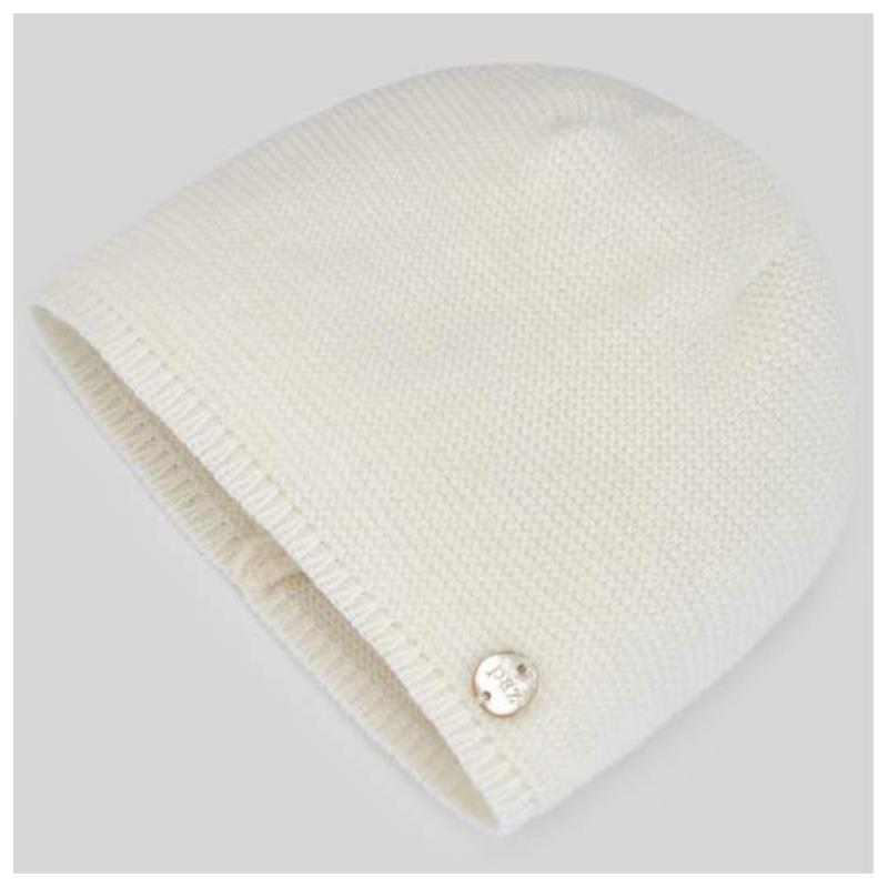 Knit newborn hat in cream color featuring a folded cuff and a small branded button. Perfect for babies.
