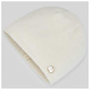 Knit newborn hat in cream color featuring a folded cuff and a small branded button. Perfect for babies.