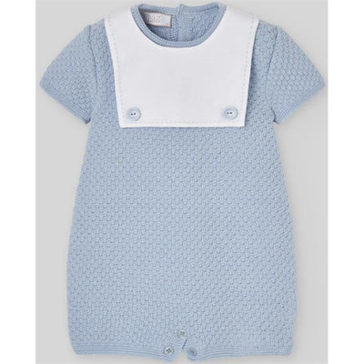 Knit newborn romper in sky blue with a white collar and two blue buttons, featuring a textured pattern.