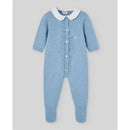 Knit romper for newborns in Koala Dutch Blue featuring a white collar and buttons, with textured detailing.