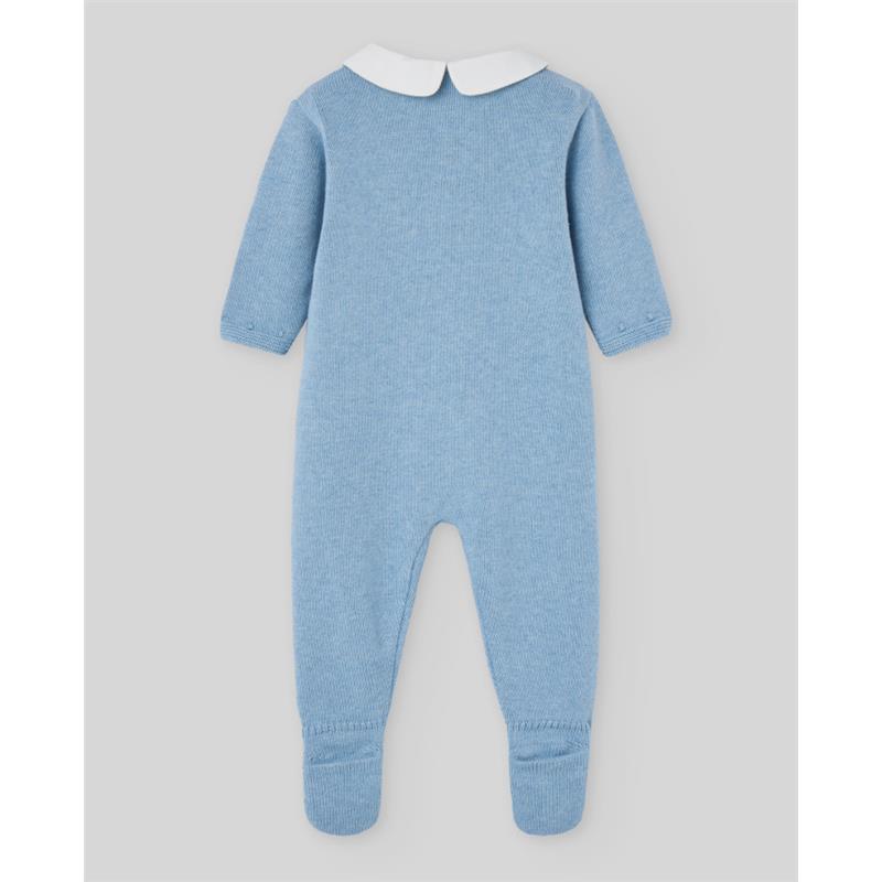 Knit newborn romper in Dutch blue with long sleeves and a white Peter Pan collar.
