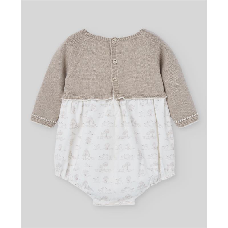 Knit newborn romper with a light brown knitted top, button closure, and a white bottom featuring a subtle animal print.