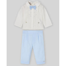 Woven newborn blouse and trousers set in cream and light blue, featuring a bow tie and decorative buttons.