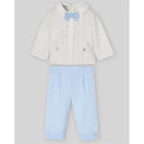 Woven newborn blouse and trousers set in cream and light blue, featuring a bow tie and decorative buttons.