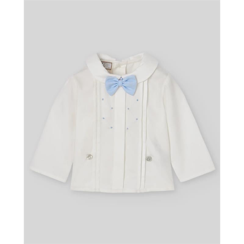 Newborn blouse in cream with light blue bow, featuring pleats and decorative blue dots, designed for formal occasions.